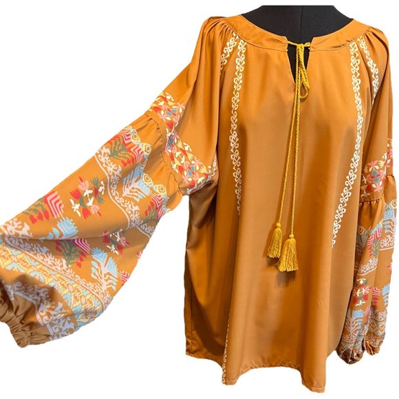 Miss Look Tops - Miss Look Boho Peasant Blouse Ochre SzXXL
